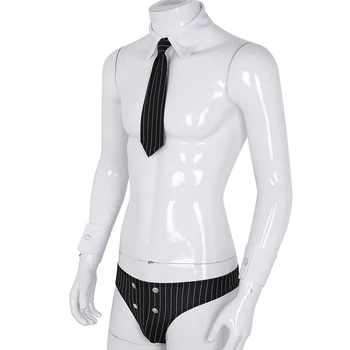 Hombre Macho Detective de la Policía de Lencería Traje de Raya Bikini tanga Briefs Underwear con Corbata Collar y Pulseras de ropa Sexy