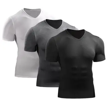 Hombres Flacos de Formación de V-cuello de la Camiseta de Deportes Camiseta para Correr de Alta elástico Transpirable de secado Rápido de Compresión de Manga Corta