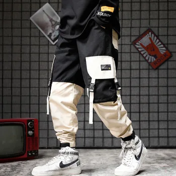 Hombres negro rojo mosaico hip hop pantalones cargo hombre de Japón estilo multi bolsillos de pantalones de chándal de corredores