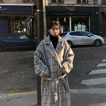 IEFB /ropa para hombre 2020 otoño invierno impresión plaid largo abrigo de estilo coreano de moda de la mitad de la longitud abrigo de lana pareja venda de la cintura 9Y3829