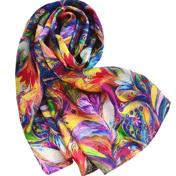 Impreso bufanda larga de las mujeres protector solar suave fina bufanda de seda de color de flores con plumas bufandas chal envoltura hiyab pañuelo de regalo para la señora