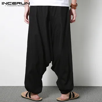 INCERUN Hombres Harén Pantalones de Algodón Ropa de Corredores de Color Sólido Pantalones de Nepal Caída de la entrepierna de los Pantalones de los Hombres Sueltos Pantalones Largos, Más el Tamaño de
