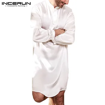 INCERUN Hombres Pijamas Batas de Imitación de Seda de Satén de Manga Larga Sólido Albornoz ropa de hogar Hombres Blandos Casual de los Hombres la ropa para dormir, Batas de Más el Tamaño de 2021