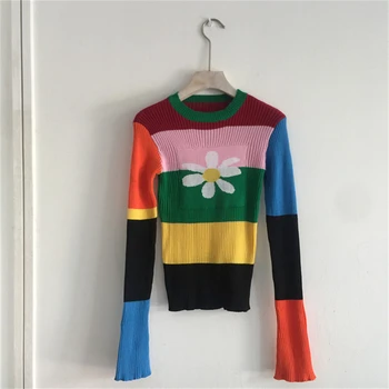 InstaHot Rayas Lluvia Arco De Punto Suéter De La Mujer De 2018 Otoño De Flores O De Cuello Elástico Elástico Suéter De Algodón Tops Multicolor De Invierno