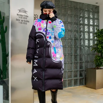 Invierno 2021 con capucha de la mitad de la longitud de la Chaqueta Acolchada versión coreana de golpe de color de dibujos animados Acolchada chaqueta de invierno para mujeres Más el tamaño de la Capa Femenina