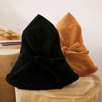 Invierno otoño de pana bowknot sombrero de cubo de lana gruesa mantener caliente de la señora de moda ajustable de la ropa de calle con sombrero de ropa tapa del conector de
