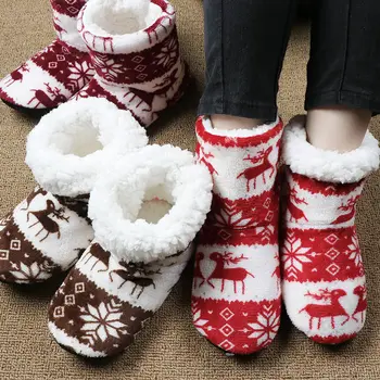 Invierno Piso De Zapatos De Mujer Hoouse Zapatillas De Navidad Elk Interior Calcetines Zapatos Calientes De Piel Contton Zapatilla De Felpa Suela Antideslizante Suela