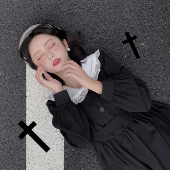 Japonés Harajuku Dark Gothic Lolita Vestido De Las Mujeres De La Vendimia Preppy Estilo Dulce De Encaje Collar De Vuelta Suelta De Manga Larga Vestido De Hadas