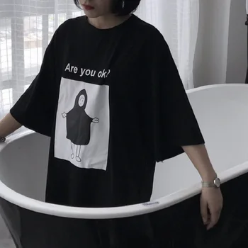 Japonés Harajuku ¿estás bien? Casual Corea moda sueltas O-cuello tops camisetas de dibujos animados lindo T-shirt negro femenino de la Mitad de manga T-shirt
