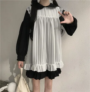 Japonés Lolita Estilo de las Mujeres 2 Pc Net Hilo Mini Vestido de 2020 Otoño de Cuello Peter Pan, Volantes Lindo Kawaii Cosplay de la Chica de los Vestidos DE