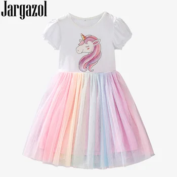 Jargazol Rainbow Unicorn Vestido De Los Niños Ropa De Bebé De Niña De Vestidos Elegantes Lindos De Verano De Manga Corta Vestido De Princesa Vestidos De Malla
