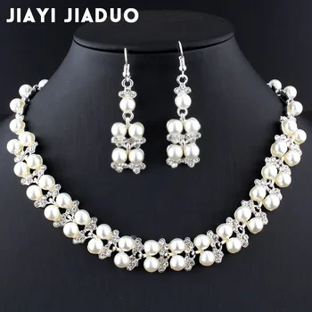 Jiayijiaduo conjuntos de Joyas de boda para las mujeres de Imitación de la perla de Plata de color de Collar aretes colgantes para el cuello accesorios
