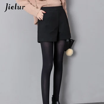 Jielur Otoño coreano de la Moda de pantalones Cortos Negros para las Mujeres de Invierno Clásico Básico Casual Amplia de Pierna Corto Femme Suelto Cremallera pantalones Cortos de Lana