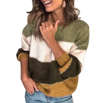 JODIMITTY Moda Patchwork O-cuello de la temporada Otoño-Invierno Suéter de 2019 Mujeres de Manga Larga Caliente Suéteres de Punto, Jersey de Mujer Superior del Puente