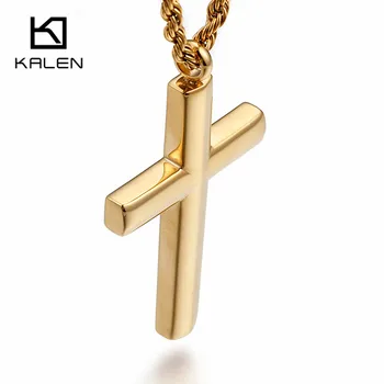 Kalen Nueva Moda de la Cruz de la Cadena Para los Hombres 50cm de Alto Pulido de Acero Inoxidable Color Oro de la Cruz de la Joyería Collar Macho de la Joyería Barata