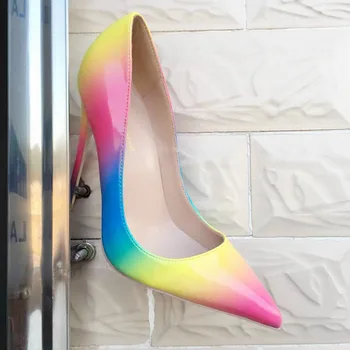 Keshangjia Nuevas Llegadas arco iris Impresa de Cuero Bombas De las Mujeres en Punta de 12CM de Tacón Alto Zapatos de Vestir Slip-on de la Oficina de Zapatos