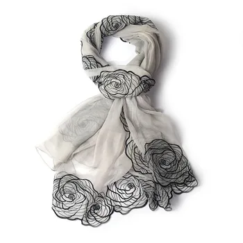 KMS Color Sólido de seda de la bufanda chal bordado de flores de alto grado plisado literaria salvaje bufanda chal para las Mujeres 110*195 CM/80G