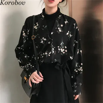 Korobov Auttum 2019 Nueva Flor De Impresión De Corea Blusas Vintage Elegante Femenina Blusa Cuello En V Manga Larga Casual Mujer Camisetas De 76356