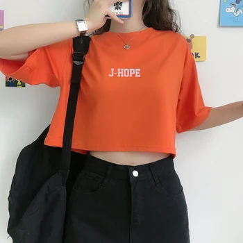 Kpop Venta Caliente Bangtan Boys 'Crop Tops' Fans Apoyo de Algodón Ropa de Jungkook Jimin Jin Suga RM Nombres Impresos Camisetas Tops de Verano
