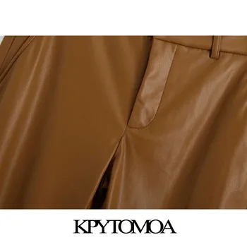 KPYTOMOA Mujeres 2020 Chic de la Moda de Cuero de Imitación Bolsillos de los Pantalones Vintage de Cintura Alta cierre de Cremallera Mosca Hembra de Tobillo Pantalones de Mujer