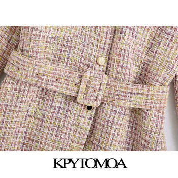KPYTOMOA Mujeres 2020 de la Moda Con la Correa Deshilachado Recorte de Chaqueta de Tweed de Abrigo Vintage de Manga Larga Bolsillos de Mujer ropa de Abrigo Chic Tops