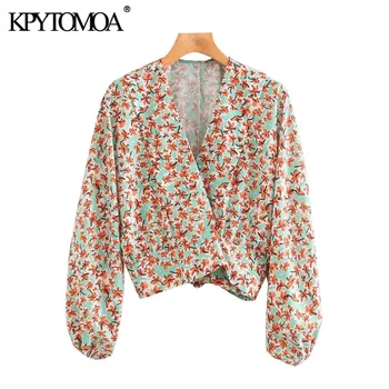 KPYTOMOA Mujeres 2020 de la Moda de la Impresión Floral Suelto Recortada Envoltura de Blusas Vintage de Manga Larga de Espalda Arco Atado Mujer Camisetas Chic Tops