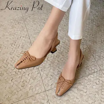 Krazing bote 2020 caliente de cuero genuino pequeño dedo del pie cuadrado med talones de nuevo las correas de las mujeres zapatos de mujer joven bowtie verano sandalias L27