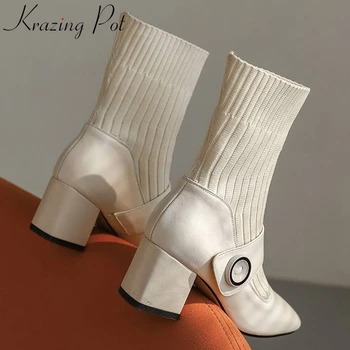Krazing bote de cuero genuino de pies cuadrados magnífico gruesos tacones de invierno de la escuela Británica de tejer círculo de hebilla en el tobillo botas L35