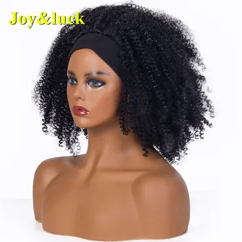 La alegría y la suerte a Corto Afro Rizado Rizado Diadema Peluca Negra Envolver la Cabeza Pelucas para las Mujeres Sytnthetic Pelucas de Pelo