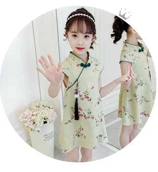 La explosión de los modelos de 5 años a 10 años de edad los niños de bebé de niña de moda las flores cheongsam colgante de impresión vestido de estilo Chino