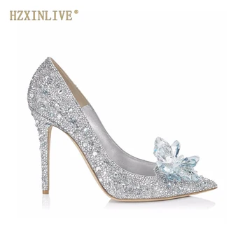 La Marca de lujo de Cristal de la Boda Zapatos de Mujer Punta del Dedo del pie de Cenicienta de los Tacones de los Zapatos de diamante de imitación zapatos de Tacón Alto Zapatos de Tamaño 10 11
