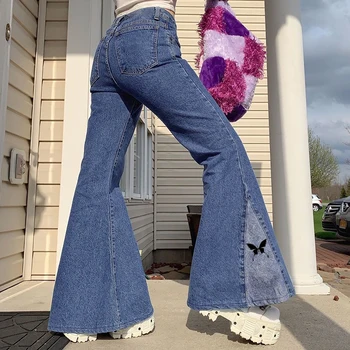 La mariposa de Impresión Y2K Flare Jeans Para Niñas Parcheado Vintage Denim Pantalones de las Mujeres de Moda Femenina 2020 Harajuku de Talle Alto, Pantalones de