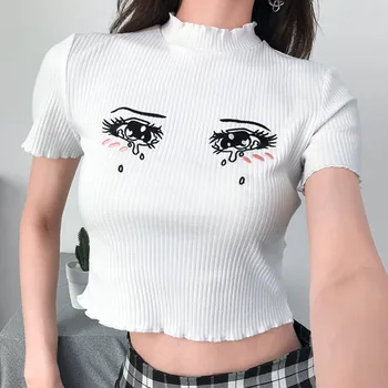La moda acanalado blanco de la camiseta de las mujeres sexy de Ojos de Lágrimas bordado de punto de bodycon recorta la parte superior camiseta camisetas de manga corta de verano