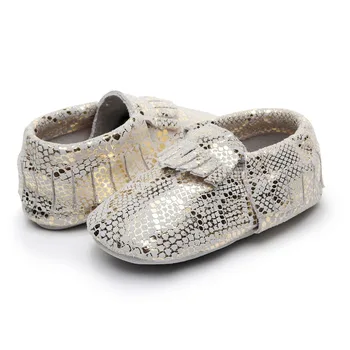 La moda Brillo de Cuero Genuino Zapatos de Bebé Recién nacido de Flecos de Fondo Suave de Bebé Mocasines Para los Zapatos de las Niñas de Primera Andadores 0-24M