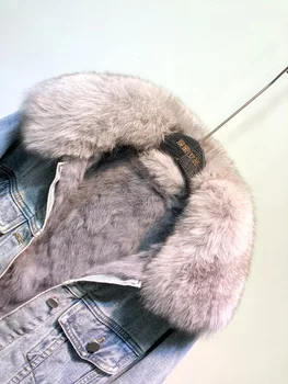 La Moda de invierno Naturales Fox Cuello de Piel chaquetas + Real de Pelo de Conejo de piel Forro de Chaqueta de Mezclilla Mujer abalorios Gruesa Piel Real Outwear F865