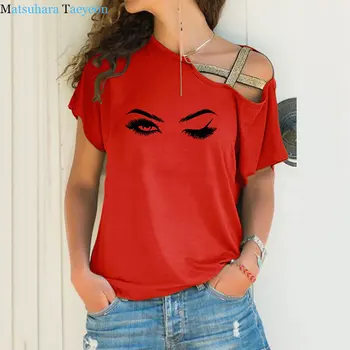 La moda de las Pestañas & Cejas Ojos Camiseta de Mujer de Verano T-shirt de la Ropa de la parte Superior Casual Mujeres Camiseta Tops Irregular Sesgo de la Cruz Vendaje