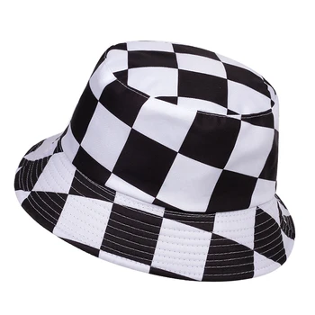 La moda de verano cubo sombrero a Cuadros Blanco y Negro Panamá Sombreros de Cubo Plegable de Algodón de Mujer para Hombre de la Pesca Sombreros de Hip Hop Bob Unisex Tapas