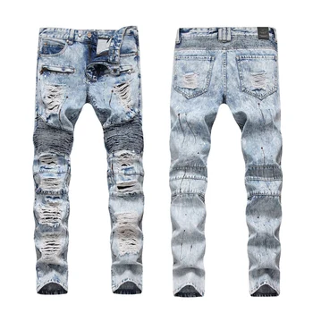 La Moda Streetwear Hombres Jeans Retro Azul Hip Hop Ripped Jeans Hombres Slim Fit Pantalones De Punk Empalmados Diseñador De Destruir Ciclista Jeans Homme
