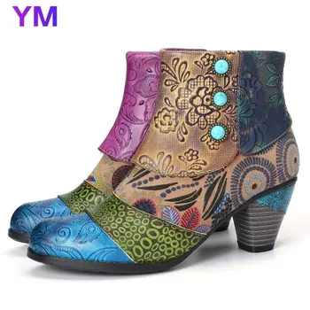 La moda Vintage de Empalme Impreso Botas de Tobillo Para las Mujeres Zapatos de Mujer de Cuero de la PU Retro Bloque de zapatos de Tacón Alto de la Cremallera de las Mujeres Botas de 2020