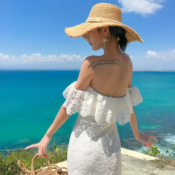 La Mujer De Maxi Blanco Fuera Del Hombro De Encaje Vestido De Verano De 2020 Pista Elegante De Corea Del Partido Vestido De Abrigo Largo De La Vendimia De Vacaciones En La Playa Vestidos De