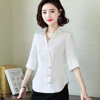 La mujer de moda de la primavera verano de estilo de la blusa de la mujer casual de la mitad de manga larga V-cuello slim-fit camisas de las señoras de la oficina