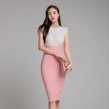 La mujer del vestido de 2020 verano nueva versión coreana de temperamento cuello redondo sin mangas de encaje de costura de Encaje de la Señora de la Oficina