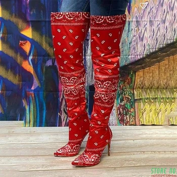 La mujer, Más de la Rodilla Botas Altas de las Bandana de Impresión Mujer Graffiti zapatos de Tacón Alto de la Moda Negro Azul Rojo de Invierno Botas Sexy para las Mujeres 2020