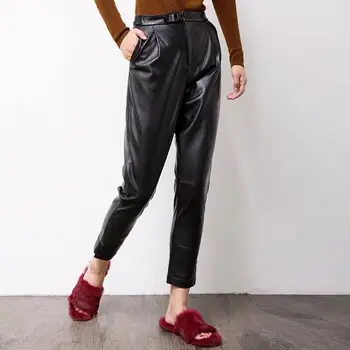 La mujer pantalones de genuina piel de oveja pantalones de talle Alto negro, pantalones harem, cinturón Elástico de la cintura de los Pantalones 2019 nueva moda