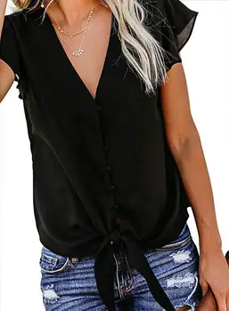 La Naturaleza única de la Mujer V-cuello Corto con volantes de las mangas anudadas de gasa de la camisa de botón de la parte Superior de la Corbata Sólido Casual Blusas