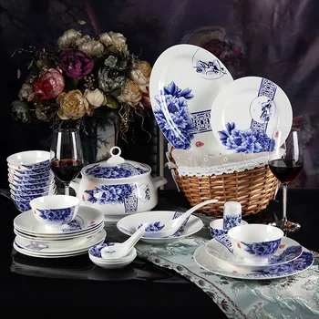 La navidad Cuencos Conjunto de Jingdezhen azul y blanco de la vajilla de 56 piezas de hueso de china tazón del hogar platos de la boda tablewar