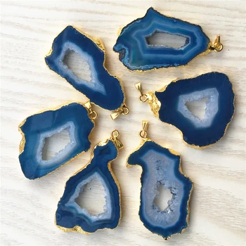 La Piedra Natural de brasil Galvanizado Filo cortar Abierto Azul Ágatas Geode Drusy Druzys Colgantes Collar De la joyería de 5PCS