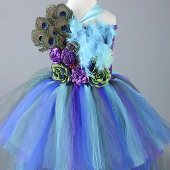 La Princesa elegante Pluma de pavo real de Vestir para las Niñas Tutu Vestido de Cola Larga de las Niñas Vestido de Fiesta de los Niños de la Flor de Navidad Vestido de la Muchacha de la Ropa