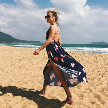 La velocidad de vender a través de amazon vende nueva sexy cuello en v sin espalda vestido de moda de impresión de enlazar vestido de playa
