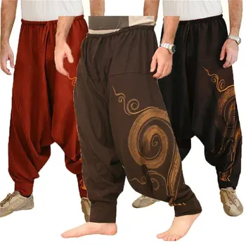 La vendimia de los Hombres Pantalones de Harén Elástico Casual Bolsas de Yoga Harén Pantalones de Hip-hop de los Hombres Gitanos Ropa de cama de Algodón con las piernas Sueltas Pantalones de Cordón